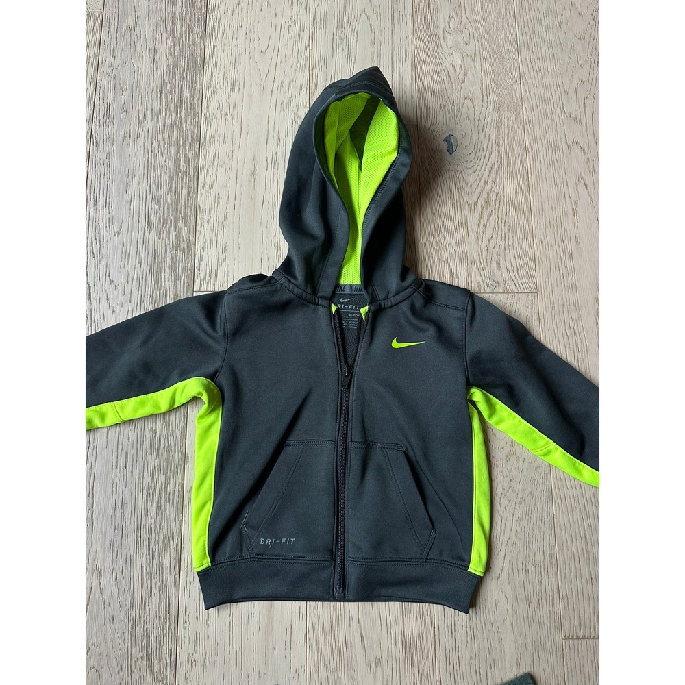Nike Dri-FIT Full Zip Hoodie Boys 18M Gray Neon Green Fleece Sweatshirt